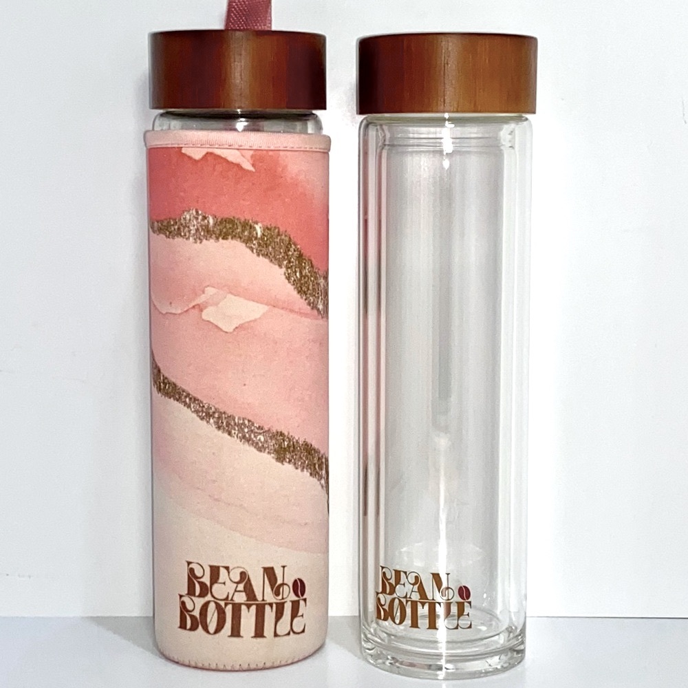 Pink Glitter Bean Bottle Double Wall Insulated Borosilicate Glass Bottle